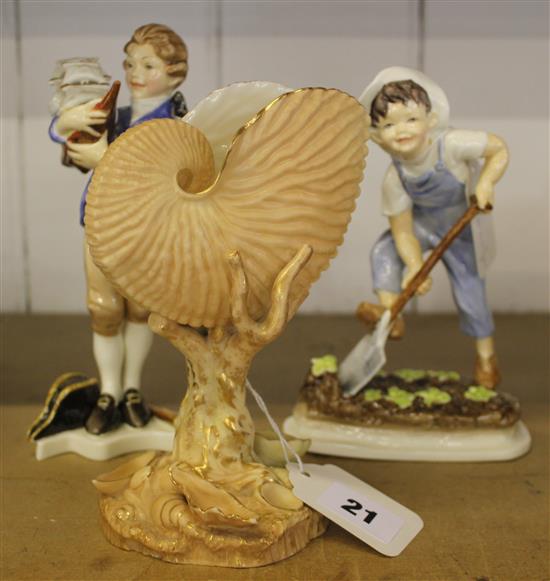 Two Royal Worcester figures, Mayflower & Saturdays Child & a blush ivory nautilus vase, model 101 (3)